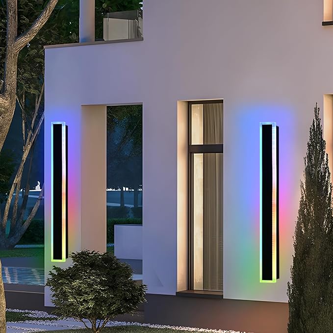 Outdoor Modern Wall Lights for Porch,2 Pack RGB Long Outdoor LED Wall Lights,48 inch Long Linear Outside Light Fixture,Dimmable Long Outside Wall Light for House,Enterway,Garage with Control Remote