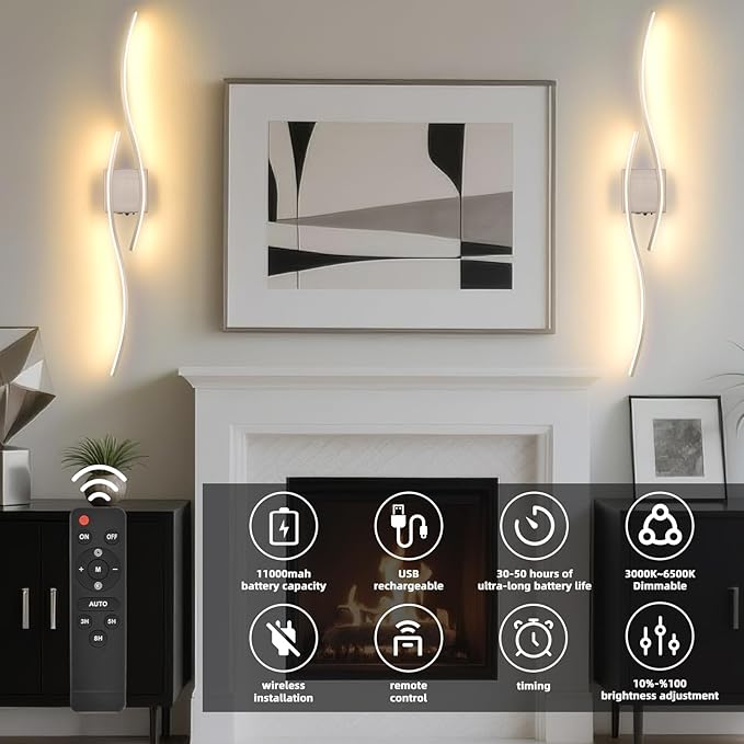 Battery Powered Wall Sconces Set of 2, Nickel 39" LED Dimmable Wall Sconce with Remote Control/Timer/Memory, USB Rechargeable Wall Lights for Living Room, Bedroom, Hallway Wireless scones Lighting