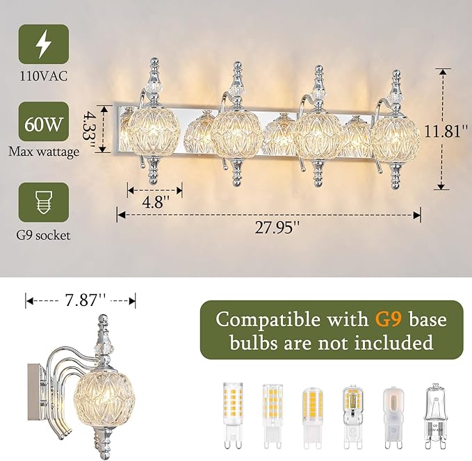 Modern Crystal Bathroom Vanity Lights Fixtures Over Mirror Chrome Vintage 4-Lights 28 Inch Bathroom Light Fixtures Glass Crystal Vanity Lights