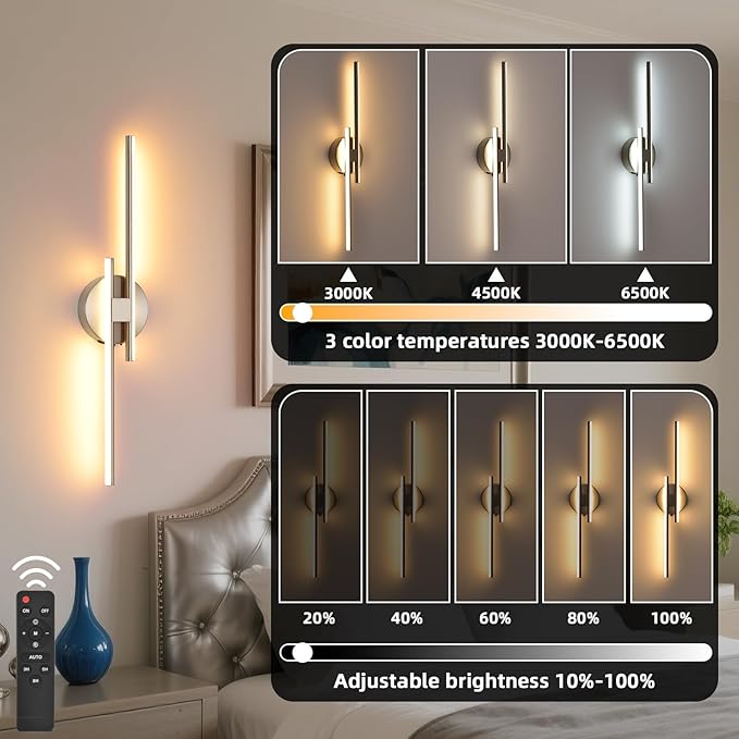 Battery Operated Wall Sconce Set of 2, Brushed Nickel 23.6" 3000K-6500K Dimmable Wall Sconces with Remote Control, Wireless Wall Light Rechargeable for Bedroom Hallway Living Room Background