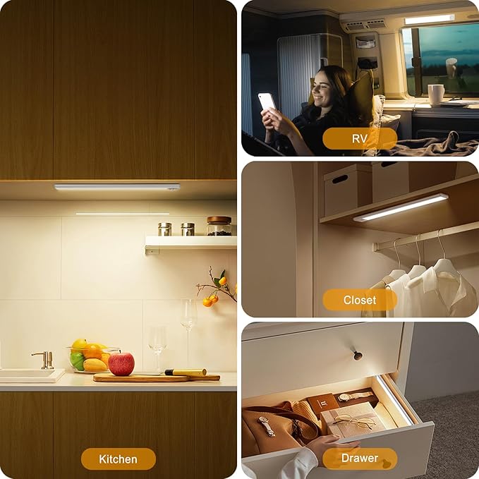 BLS Under Cabinet Lights, 74 LED lights Battery Operated Motion Sensor Light Indoor, USB C Rechargeable Closet Lights Motion Sensored, 2200mah Wireless Magnetic Light for Kitchen Night Stairs (2 Pack)