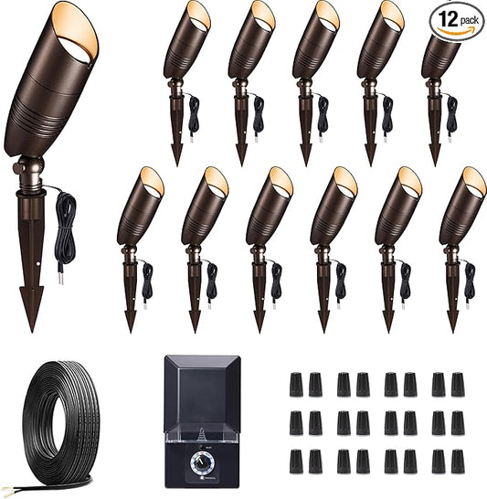 12v Landscape Lighting Kit, with 12 Pack 3CCT Spotlights and 200W Transformer and 250FT Cable and 40 Wire Connectors, Aluminum ORB Ip65 Waterproof Tree Light for Home Patio Plant