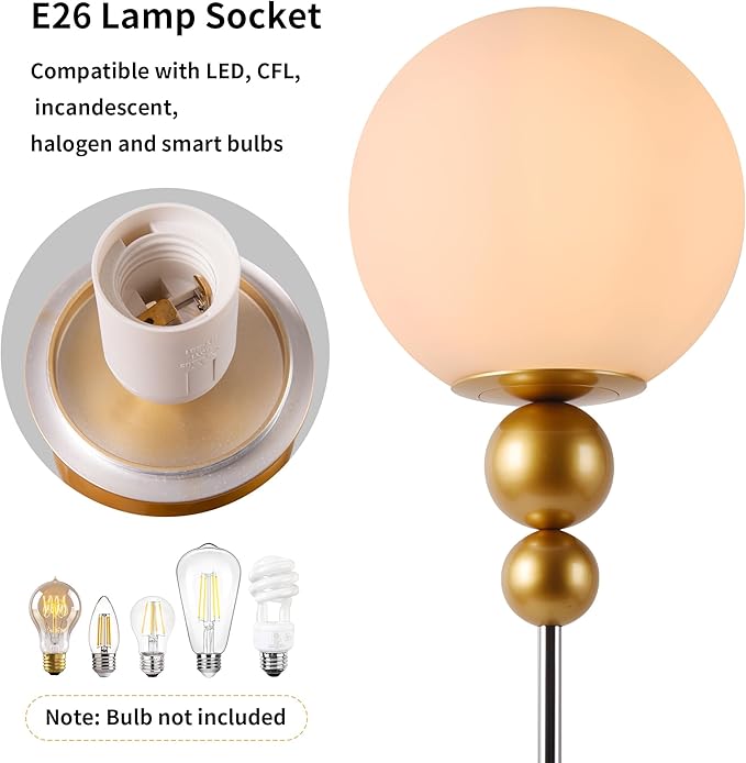 Modern Floor Lamps for Living Room, Globe Glass Shade Floor lamp for Bedroom, LED Standing lamp for Office, Corner