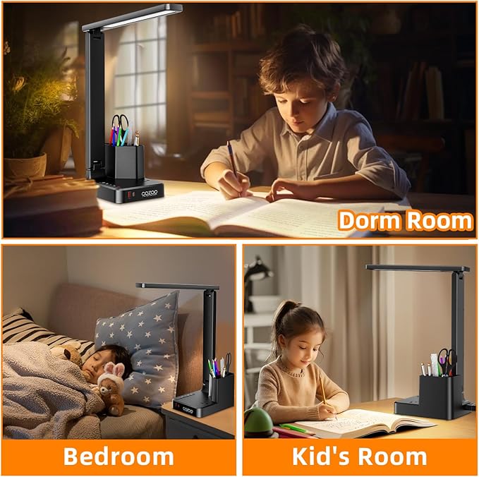 cozoo LED Desk Lamps for Home Office, Modern Dimmable Eye Caring Desk Light with USB Charging Ports AC Outlet, Pen Holder,Touch/Memory/Timer, Kids Small Table Lamp for Reading, Bedroom, Study, Craft