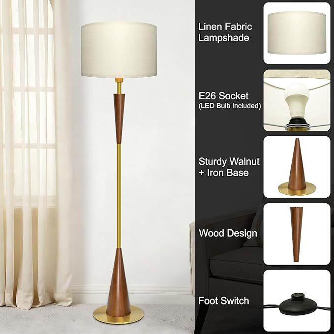 Floor Lamp for Living Room, Wood 3 Color Temperatures & Linen Shade, Modern Reading Standing Lamp with 9W LED Bulb, Mid Century Night Light for Farmhouse, Bedroom, Office, Bronze