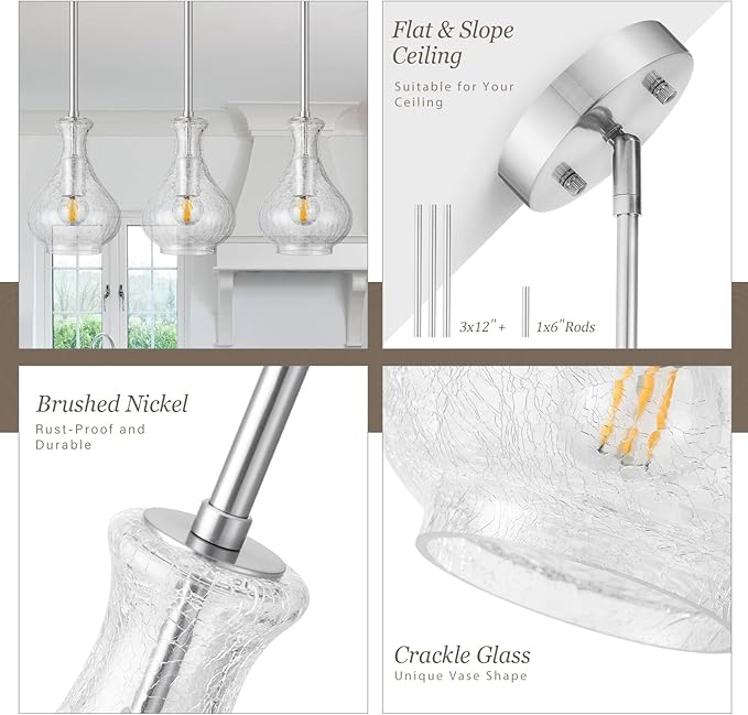 Brushed Nickel Pendant Lights Kitchen Island, 5.9" Modern Crackle Glass Pendant Light Fixtures Single Hanging Lighting with Adjustable Rods for Kitchen Island, Sink, Bathroom, E26 Base