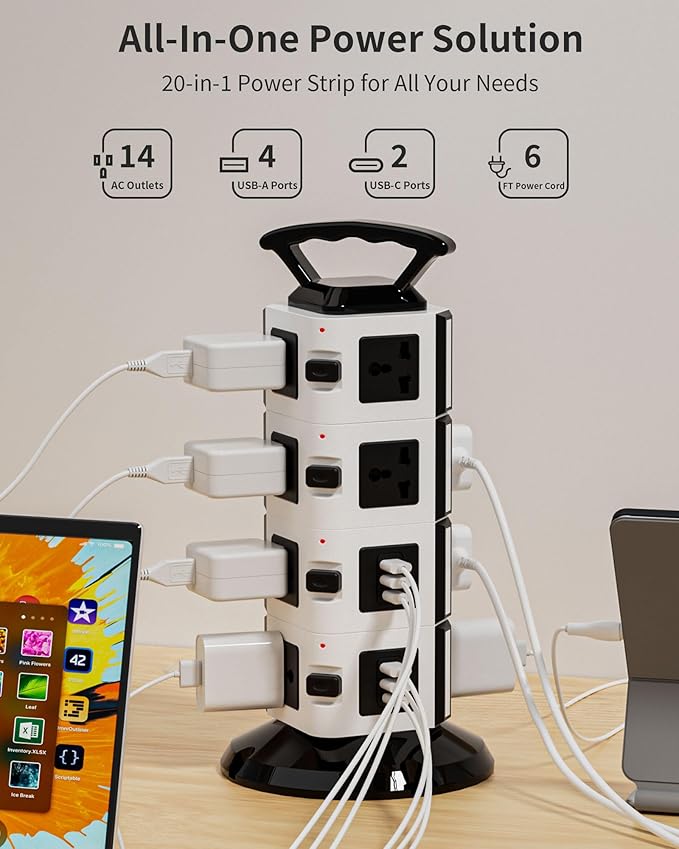 Power Strip Tower with 14 Outlets, 4 USB-A & 2 USB-C Ports, 1875W/15A Heavy Duty Charging Station for Multiple Devices, Plug Tower with 6ft Extension Cord, for Home, Office, Dorm