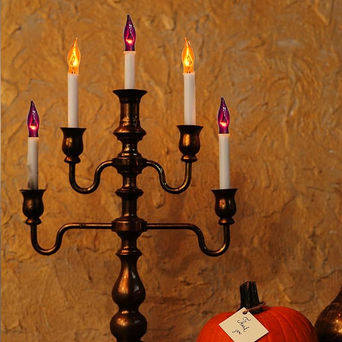 12 Pack C7 Clear Orange and Purple Flickering Flame Replacement Bulbs for String Lights Outdoor, E12 Screw Base, Flame Bulbs for Halloween Indoor Outdoor Roofline Garden Patio Party Decorations