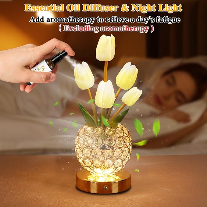 Birthday Gifts for Women/Mom Table Lamp, 3 Color Crystal Flower Bedside Lamps Infinitely Dimming with USB Charge Small Night Light,Nightstand Touch Lamp for Bedroom (A-White)