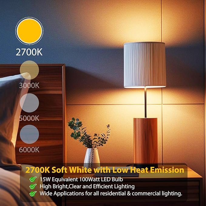 dalattin 12 Pack LED Bulbs Soft Warm 2700K, 100 Watt Equivalent A19 Standard Bulbs, E26 Base, 1500 LM, Efficient 15W Energy Saving, Non-Dimmable, 80+ CRI, 120V, UL Listed, for Living Room, Office