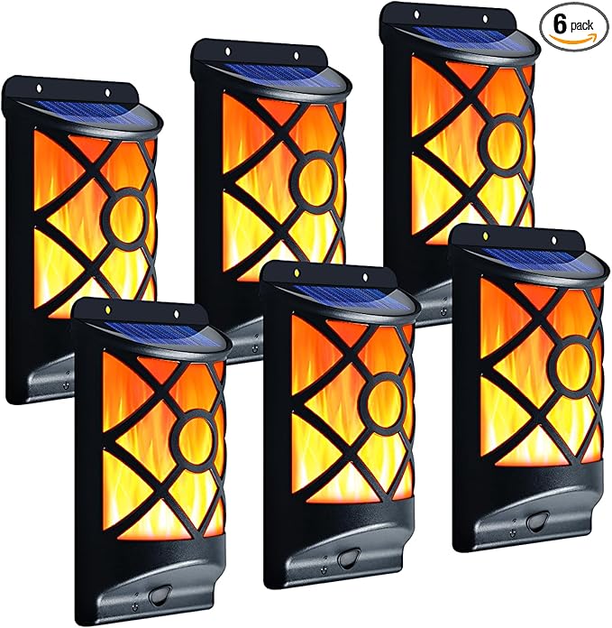 Solar Flame Lights Outdoor, 6 Pack Waterproof Wall Lantern with Realistic 3D Flickering Flames, 66 Ultra Bright LED Night Light Garden Decor for Patio, Fence, Deck, Yard - Auto On/Off