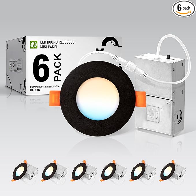 ASD 6 Pack 3 Inch LED Recessed Light 6W, 5 CCT 2700K-5000K CRI90+, IC Rated Ultra Thin Dimmable Ceiling Lights with J Box, Canless Wafer Downlight, Round Slim Panel Lighting, UL Energy Star, Black