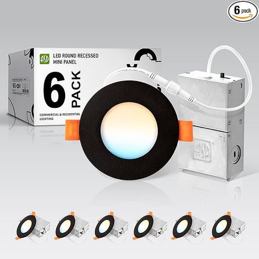 ASD 6 Pack 3 Inch LED Recessed Light 6W, 5 CCT 2700K-5000K CRI90+, IC Rated Ultra Thin Dimmable Ceiling Lights with J Box, Canless Wafer Downlight, Round Slim Panel Lighting, UL Energy Star, Black