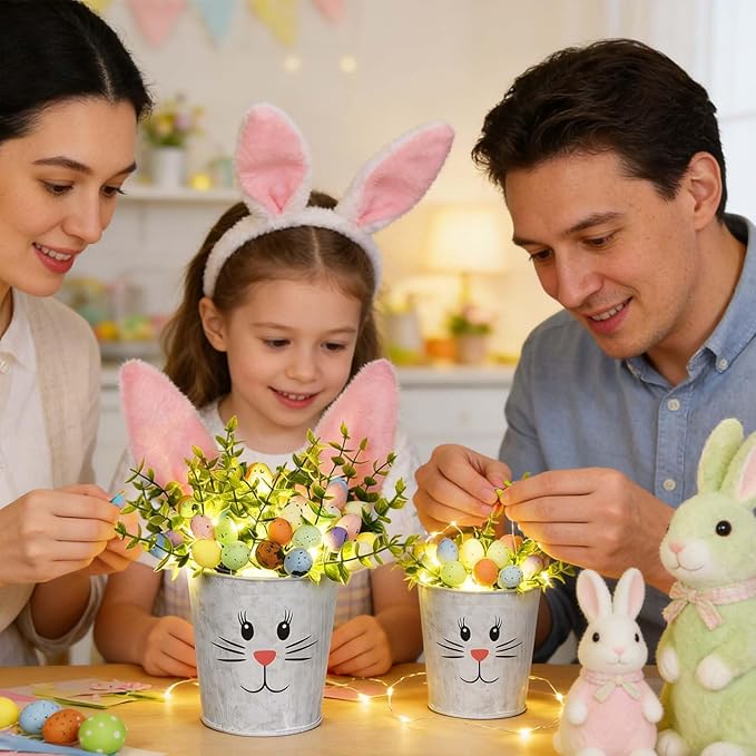 KC&KST 2 Pcs Easter Decorations Indoor Artificial Flower with Bunny Ear, Lighted Bunny Desk Decor with Color Eggs, Perfect Table Decorations for Home & Spring Party Centerpieces(Easter Bunny Flower)