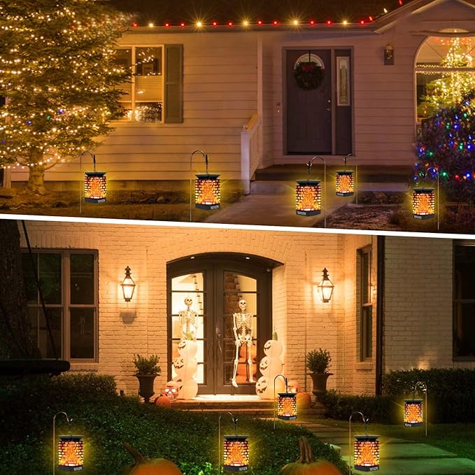 EOYIZW Solar Outdoor Lights 2 Pack- 99 LEDs Flickering Flame Solar Lantern for Garden Decor- IP65 Waterproof Garden Decor for Halloween Patio Yard Porch