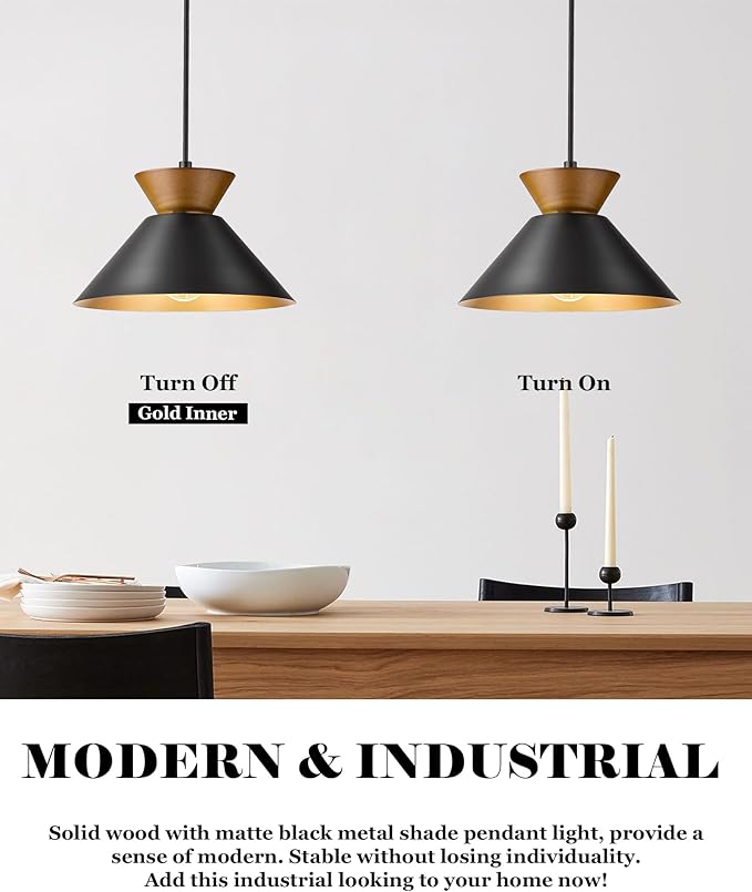 ELYONA 3 Pack Modern Pendant Lights Kitchen Island, Solid Wood Hanging Lamp with Matte Black Metal Shade & Gold Inner Finish, Farmhouse Pendant Light Fixtures for Dining Room, Bedroom, Living Room