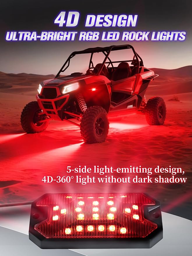 4Pods 5 Sides Full Angle RGB LED Rock Lights Kits High Brightness 27 Beads RGBW 5050 IP68 Waterproof Underglow Multicolor Exterior Wheel Rock Lights for 12V Trucks Jeep Offroad Pickup UTV ATV RZR SUV
