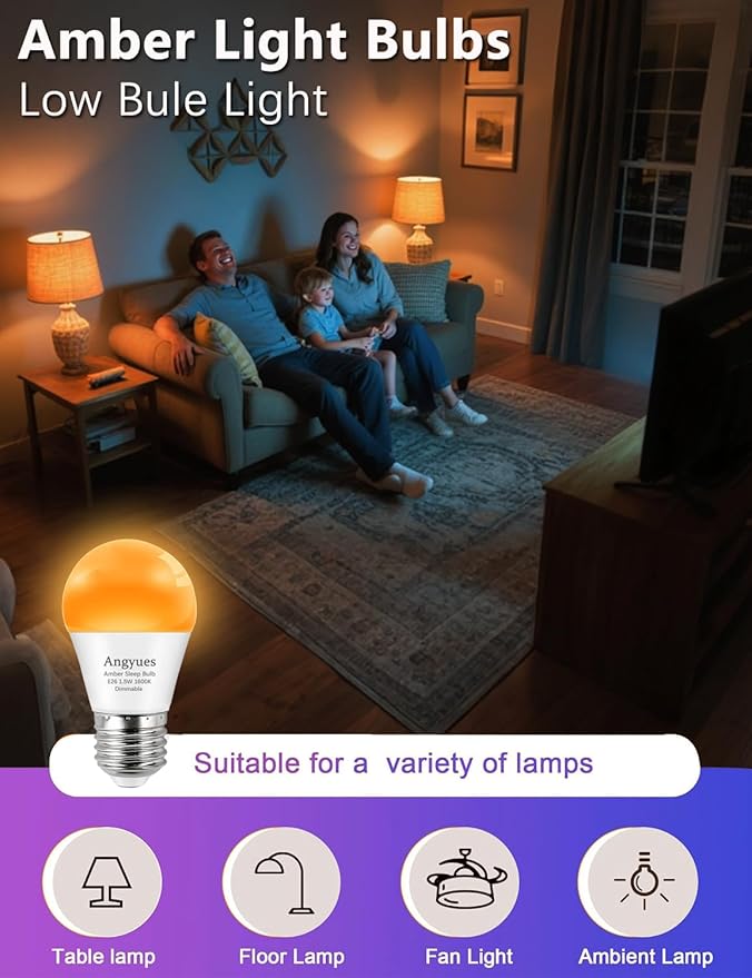 Amber Sleep Light Bulbs Dimmable, Blue Light Blocking, A15 1.5W(15 Watt Equivalent) Dim Light Bulbs for Lamp, 1600K Warm Light Bulb, E26 for Healthy Sleep, Bedroom, Kids Room, 4 Pack
