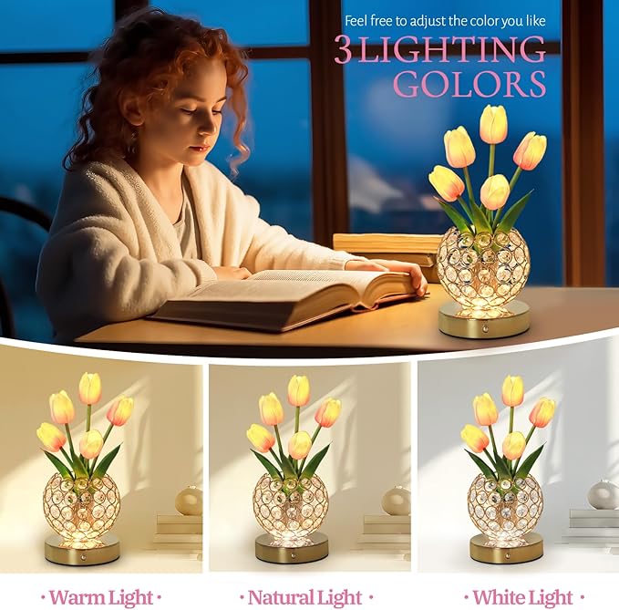Tulip Table Lamp, Rechargeable Cordless Crystal Night Light, 3 Colors Touch Stepless Dimming Artificial Flower Light, LED Flower Bedside Lamp Romantic Gifts for Girl Women Mom (Tulip2 - Pink)