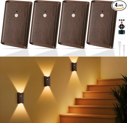 4 Pack Battery Powered Motion Sensor Wall Sconces: 5000mAh Rechargeable LED Wall Light with Remote, Magnetic Motion Sensored Stair Light Indoor Wireless Sconce for Hallway Bedroom Bedside, Walnut