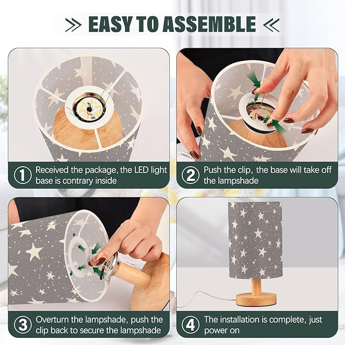 Hand Draw Stars on Grey Background Bedside Table Lamps with USB Port for Bedroom Lamp Small Nightstand Lamp Sturdy Linen Shade Wooden Base Decorative Lamps for Kids Reading Dorm Home