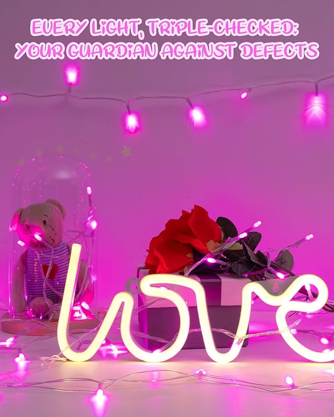 Pink String Lights Battery Operated, Valentine’s Day Lights with Timer Waterproof 16.4ft 50 LED Valentines Decorations for Outdoor Indoor Patio Party Garden Yard Decor 2 Packs