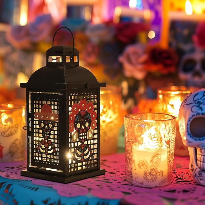 Day of The Dead Decorations, DECORKEY 13.4’’ Decorative Skull Women&Men Candle Lantern with 60" Lights(No Battery), Tabletop&Hanging Lantern for Indoor&Outdoor Yard Altar Table Party Halloween Decor