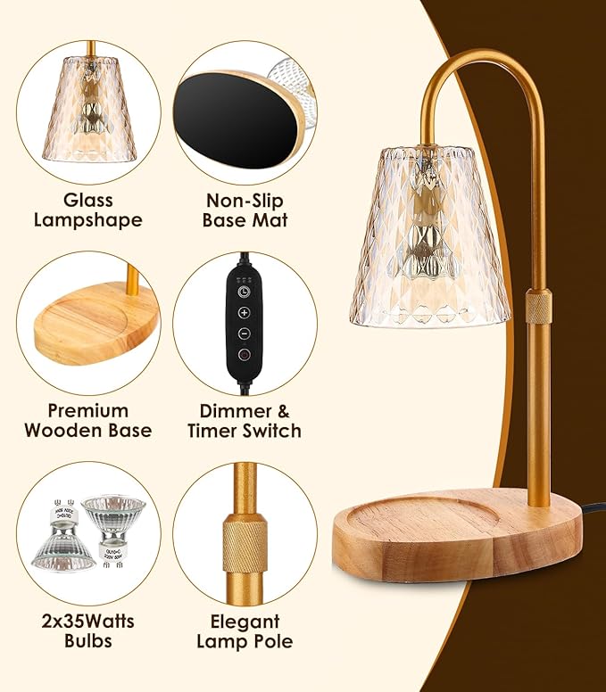 Candle Warmer Lamp with Timer - Adjustable Height Dimmable Warmer Candle Lamps Candle Warmer Lamp Wax Melt Warmer with 2Bulbs for Women Christmas Birthday Gifts