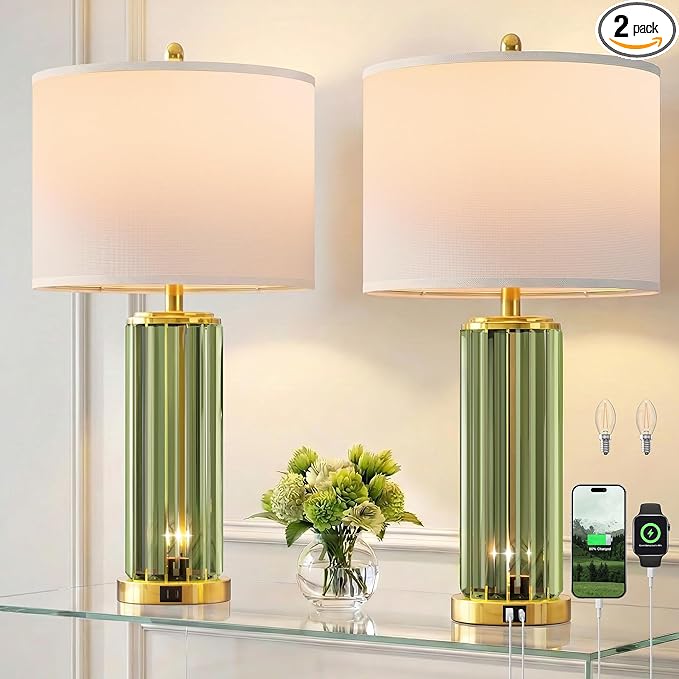 QiMH Gold Table Lamps for Bedroom Set of 2 with Nightlight, Modern Bedside Lamp with USB A+C Charging Port, Green Nightstand Lamp for Living Room White Shade, 2 Bulbs Included