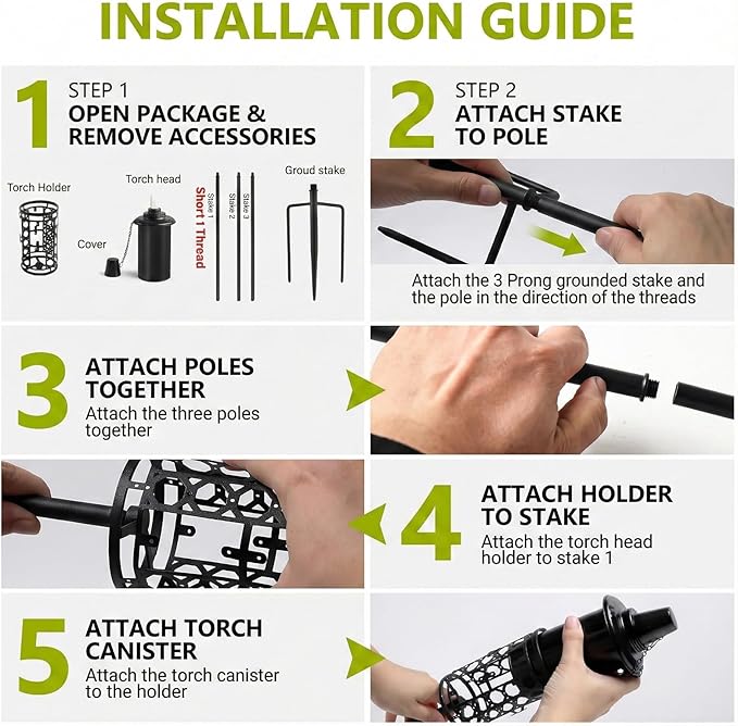 6-Pack Upgraded Home Garden Torch, Black Outdoor Metal Torch Garden Décor, 59-Inch Citronella Torches with 3-Prong Grounded Stake, Light Torches for Party Patio Pathway (More Stable)