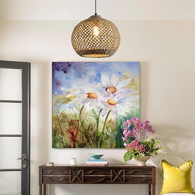 Rattan Pendant Light Fixture,13.79" Boho Rattan Kitchen Island Seagrass Lighting, Hand Woven Coastal Wicker Chandelier,for Farmhouse Dining Room Entryway Foyer 1-Light