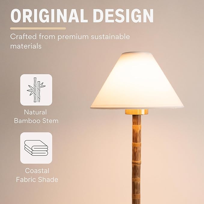 Bamboo Cordless LED Table Lamp – Rechargeable 24-Hour Battery, Dimmable Warm Light, 15" Portable Wireless Lamp with Remote for Indoor/Outdoor Use, Home, Patio, Restaurant – Coastal White