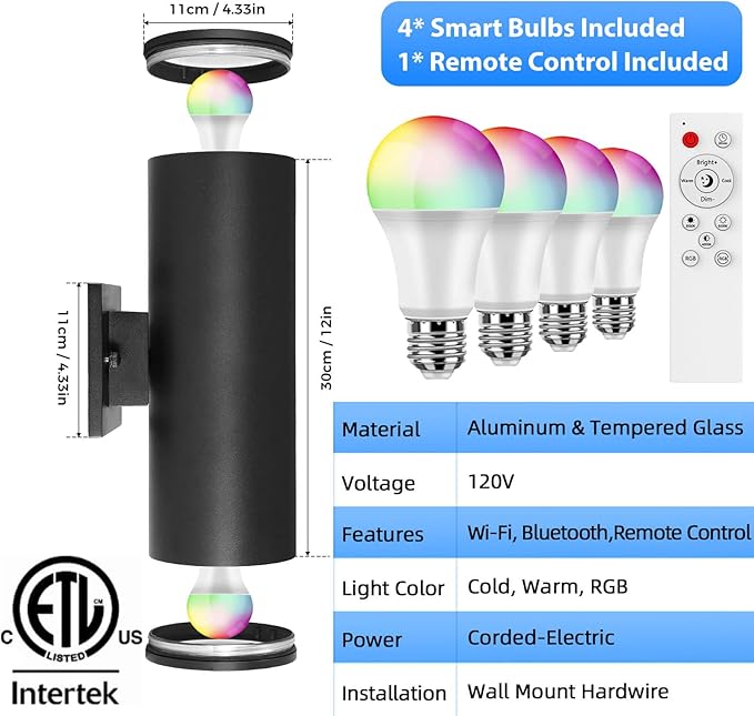 SHIMR Color Changing Outdoor Lights 2 Pack, RGB 2700K-6500K Smart Porch Lights with Remote, Cylinder Exterior Lighting Fixtures Aluminum Anti-Rust, Up and Down Lighting for House [ETL Listed]