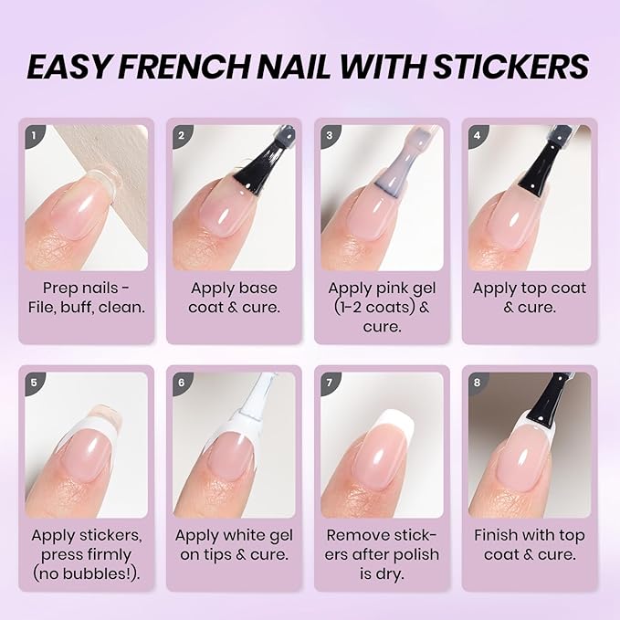 Beetles French Tip Gel Polish Set - Spring White Pink Gel Nail Polish Set 15ML Full Size Soak Off UV LED with 2 Styles Classic French Nail Art Sticker Sheets Manicure DIY Home Salon Gifts for Women