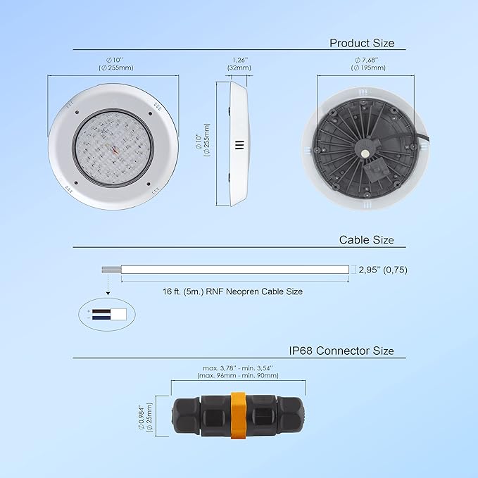 LED Pool Lights, 30W, 12V AC,16ft. Cord, IP68 Waterproof, Underwater Lights for Swimming Pool (Not Included 12V AC Transformer)(RGB Two-Wires)