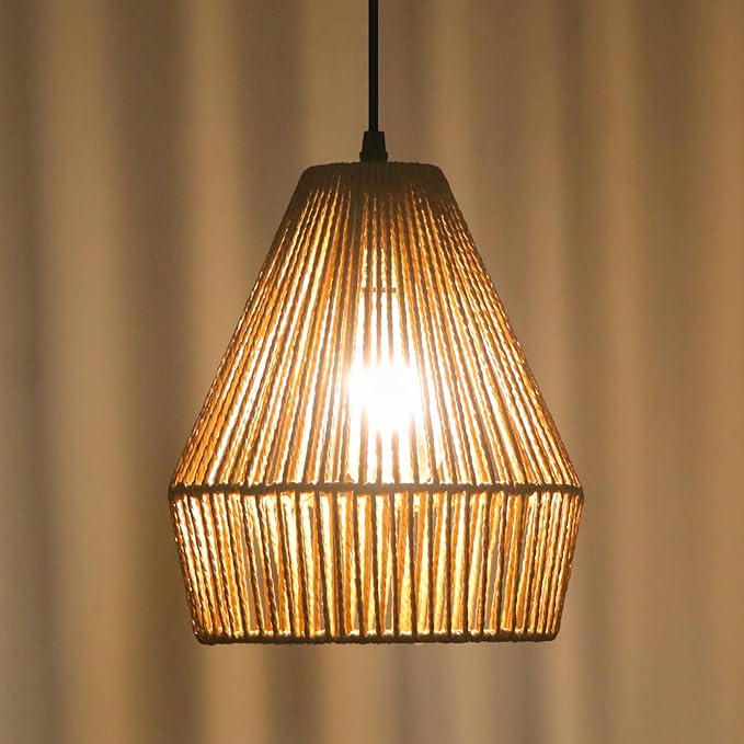 8.7'' Woven Rattan Pendant Light Fixture, 2 Pack Boho Pendant Lights Kitchen Island Lighting with Handwoven Wicker Shade, Natural Coastal Hanging Light Fixtures for Bedroom Dining Room Bar