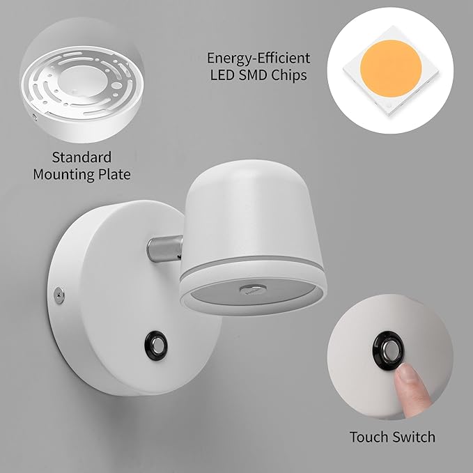 Aisilan Wall Sconce Set of 2, Hardwired Touch Dimmable Wall Light with 3 Color Temperatures, Adjustable 7W LED Wall Lamp CRI97, Modern White Aluminum Sconce for Bedroom Bedside Hallway