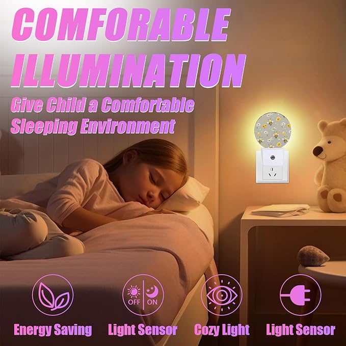 Cute Bee Night Light Daisy Flower Night Lights LED Lamp Round Plug into Wall Nightlight with Dusk to Dawn Sensor Home Hallway Stairway Kitchen Decor