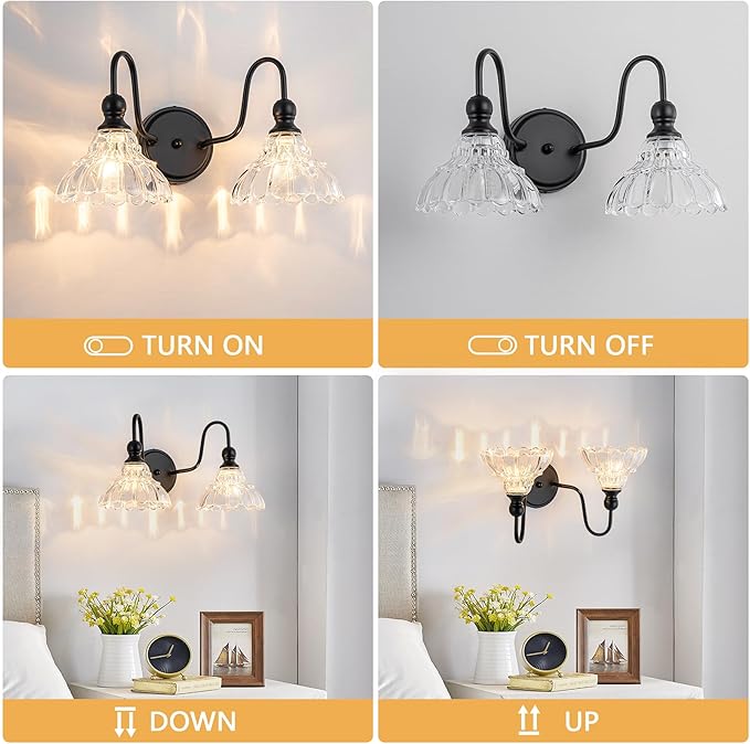 Vintage Bathroom Light Fixtures Over Mirror, 2-Light Black Wall Sconce Lighting with Flower Glass Shade, Farmhouse Vanity Lights for Bedroom Kitchen Living Room Hallway Light