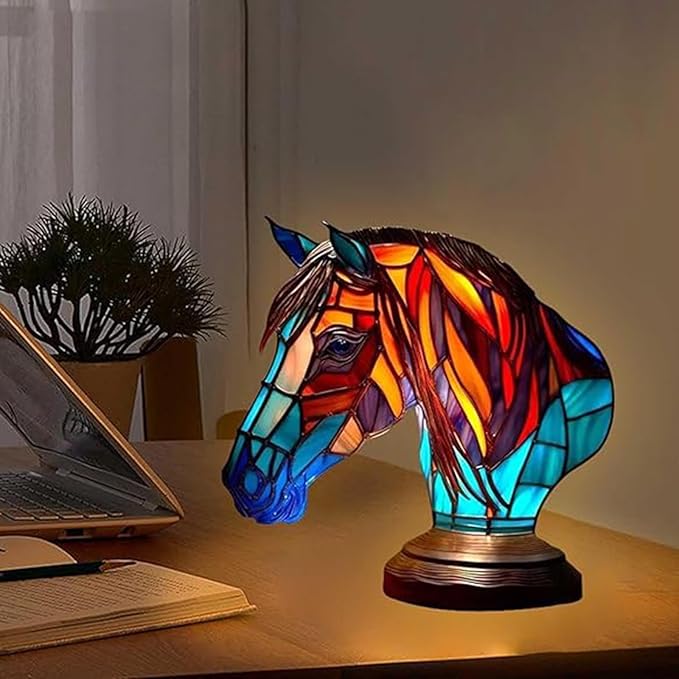 Mmoneyake Animal Table Lamp Series, Retro Table Lamp, Stained Wolf Horse Lion Elephant Dolphin Goat Owl Turtle Bedside Lamp Night Light Dyed Resin Lamp for Bedroom Animal Lovers Home Decoration