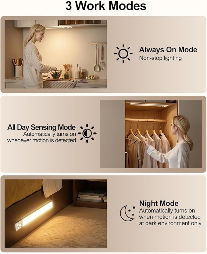 Under Cabinet Lighting, LED Motion Sensor Light Indoor with 3 Color Dimmable, 2500mAh Battery Operated Closet Lights Rechargeable Lamp, Magnetic Under Counter Night Lights Used in Cabinet (16 inches)