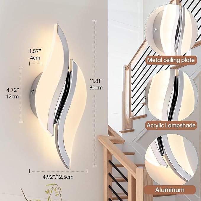 CANEOE Modern LED Wall Sconce 3000K Warm White Indoor Wall Light Fixtures Acrylic Wall Sconce Lighting for Living Room Bedroom Bedside Bathroom Hallway Stairway Wall Lamp (Chrome, 1 Pack, 3000K)