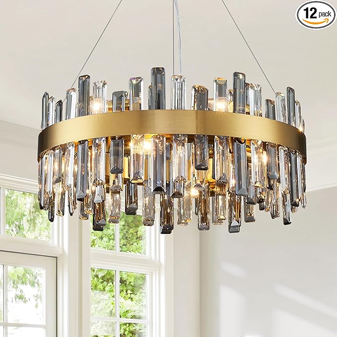 Siljoy Modern Crystal Chandeliers, 12 Lights Brass Gold Raindrop Crystal Chandelier Lighting, Adjustable Hanging Pendant Light Fixture for Dining Room Living Room Kitchen Island D23.6''