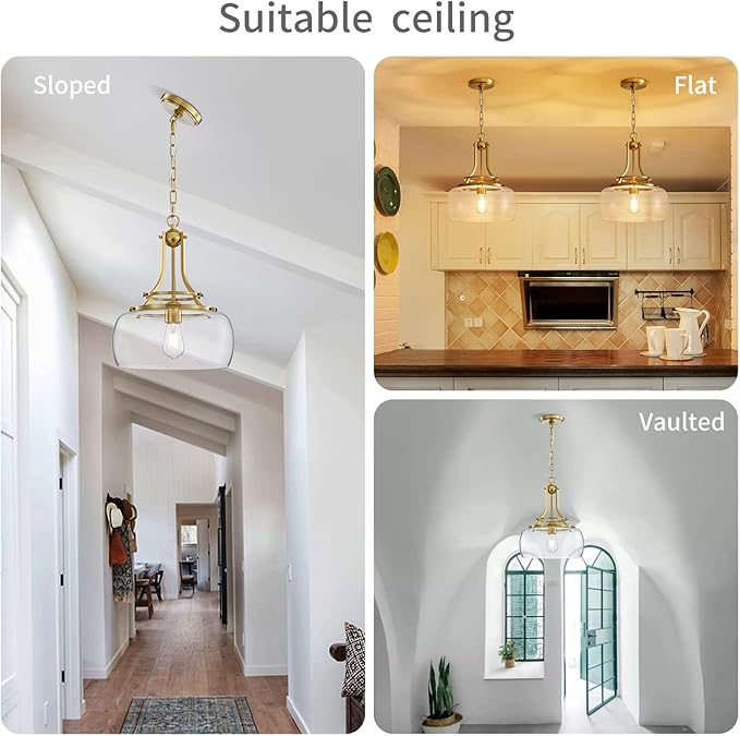WUZUPS Chandelier Rustic Farmhouse Industrial Round Ceiling Pendant LED Light Fixture with Clear Glass Shades for Dining Room Kitchen Island Foyer Entryway, H 17" x W 13.4", E26 Base, Brushed Gold