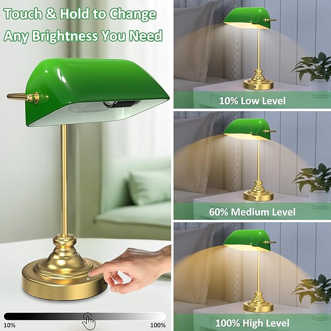 Green Bankers Desk Lamp - Rechargeable Cordless Table Lamp with Dimming, Vintage Library Lamp with Light Bulb Set for Home Office