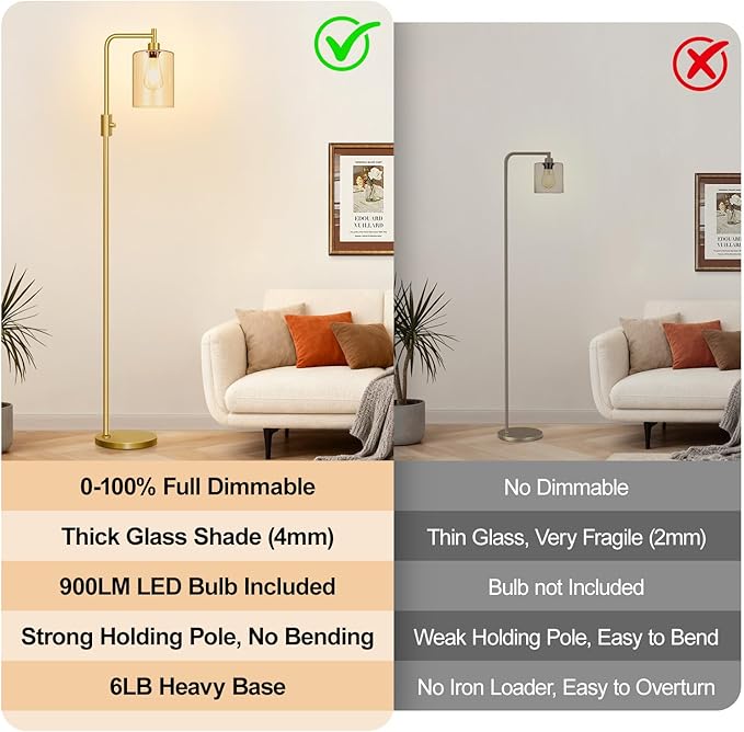 【Upgraded】Gold Dimmable Floor Lamp for Living Room with Amber Glass Lampshade, Glass Modern Floor Lamp with 900LM Bulb Included, Bright Standing Tall Lamp for Bedroom, Office, Reading Room, Corner