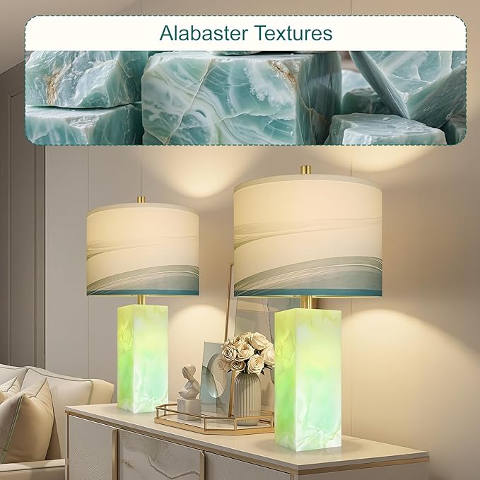 Scenekoy 23" Alabaster Table Lamp Set of 2 with Night Light for Bedroom Living Room, Rotary Switch, Blue Table Lamp with Linen Shade, Modern Nightstand Lamps for Room Bedside Bedroom (Bulb Included)