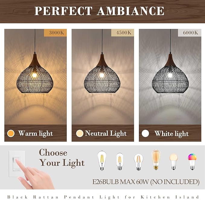 Black Rattan Pendant Light, 15.7" Rattan Chandelier Hand-Woven Wicker Pendant Light Fixtures with Solid Wood, Basket Hanging Lighting for Dining Room Kitchen Island Living Room