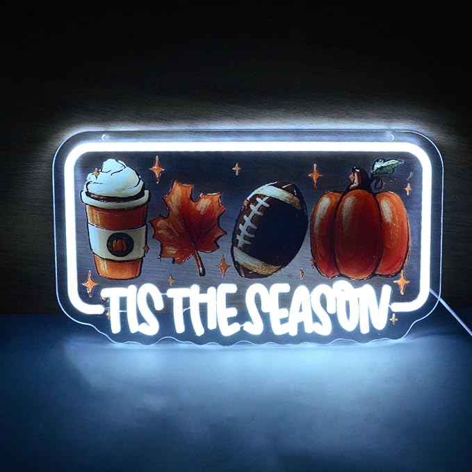Tis The Season Neon Lights Latte Coffee Maple Leaf Football & Pumpkin LED Sign Inspirational LED Wall Art for Christmas Halloween Thanksgiving Sports Fan Cave Fall Decor Home Bar or Cafe
