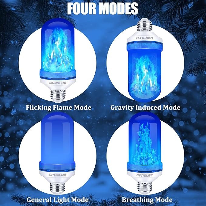 CPPSLEE Upgraded LED Flame Light Bulbs, 4 Modes Flickering Light Bulbs, E26 Base Fire Flame Bulb for Halloween Decorations Outdoor, Christmas Lights Patio Indoor Home Decor (Blue, 4 Pack)